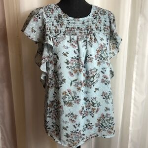 DR2 Daniel Rainn Floral Ruffle Cap Sleeve Blouse Pastel Blue Women's Large